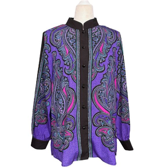 Bob Mackie Size S Long Sleeve Satin Paisley Blouse‎ Purple Eclectic Wearable Art - Picture 2 of 12